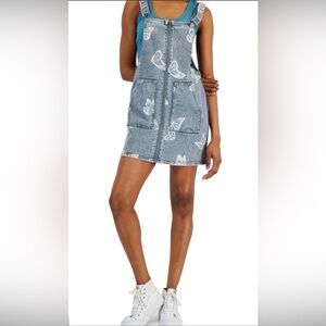 Tinseltown Denim Overall Dress with White Butterfly Print - Blue